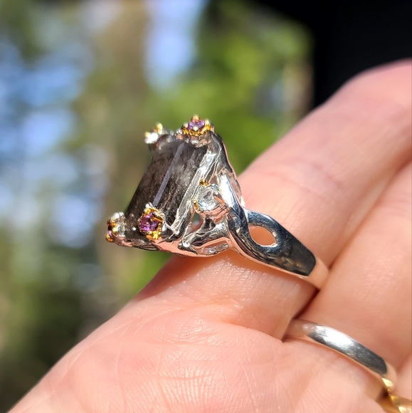 HUGE 9k rutilated quartz Amethyst &Topaz Sterling ring sz9 - Picture 5 of 8